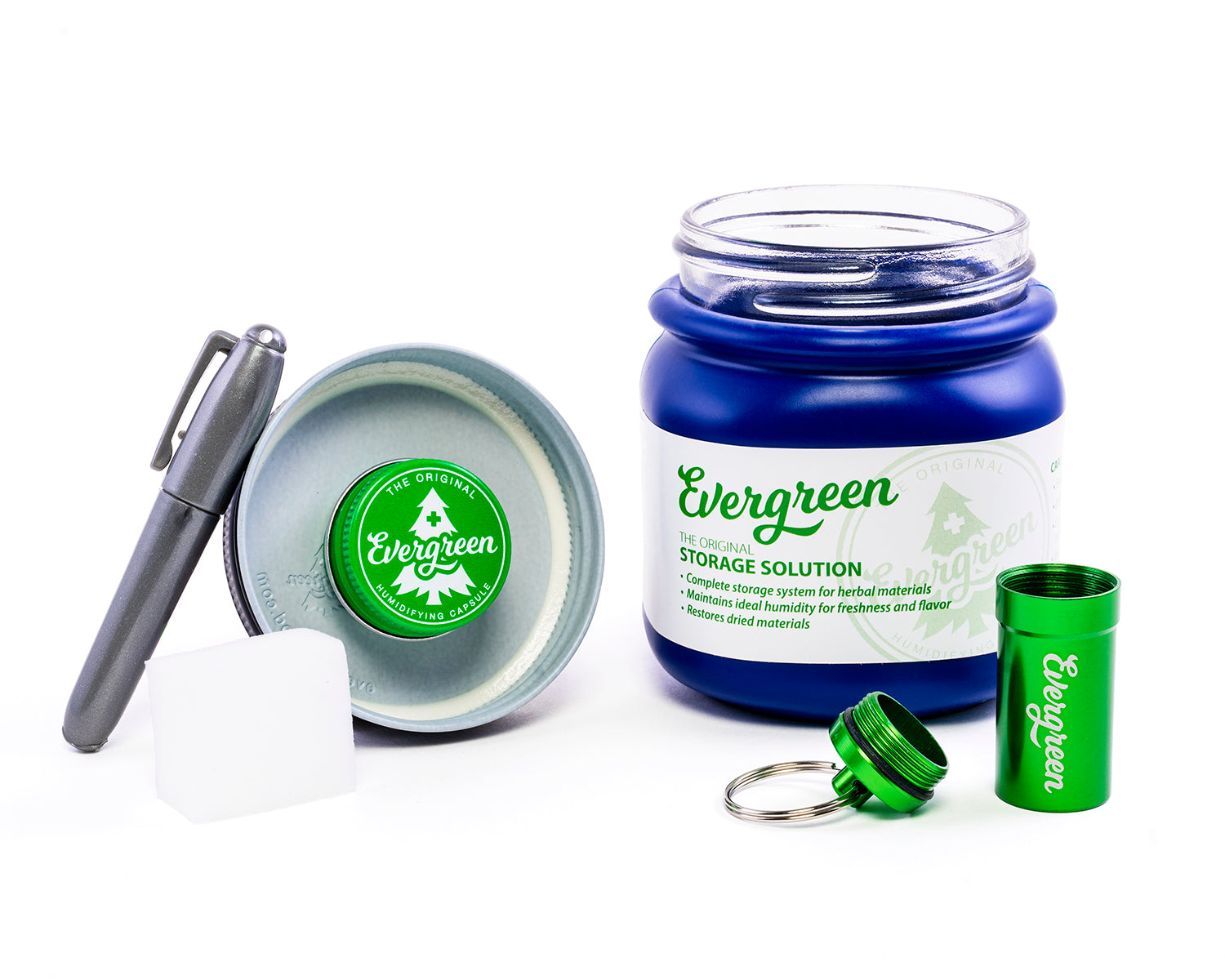 Cobalt blue Evergreen Storage Solution open showing all contents