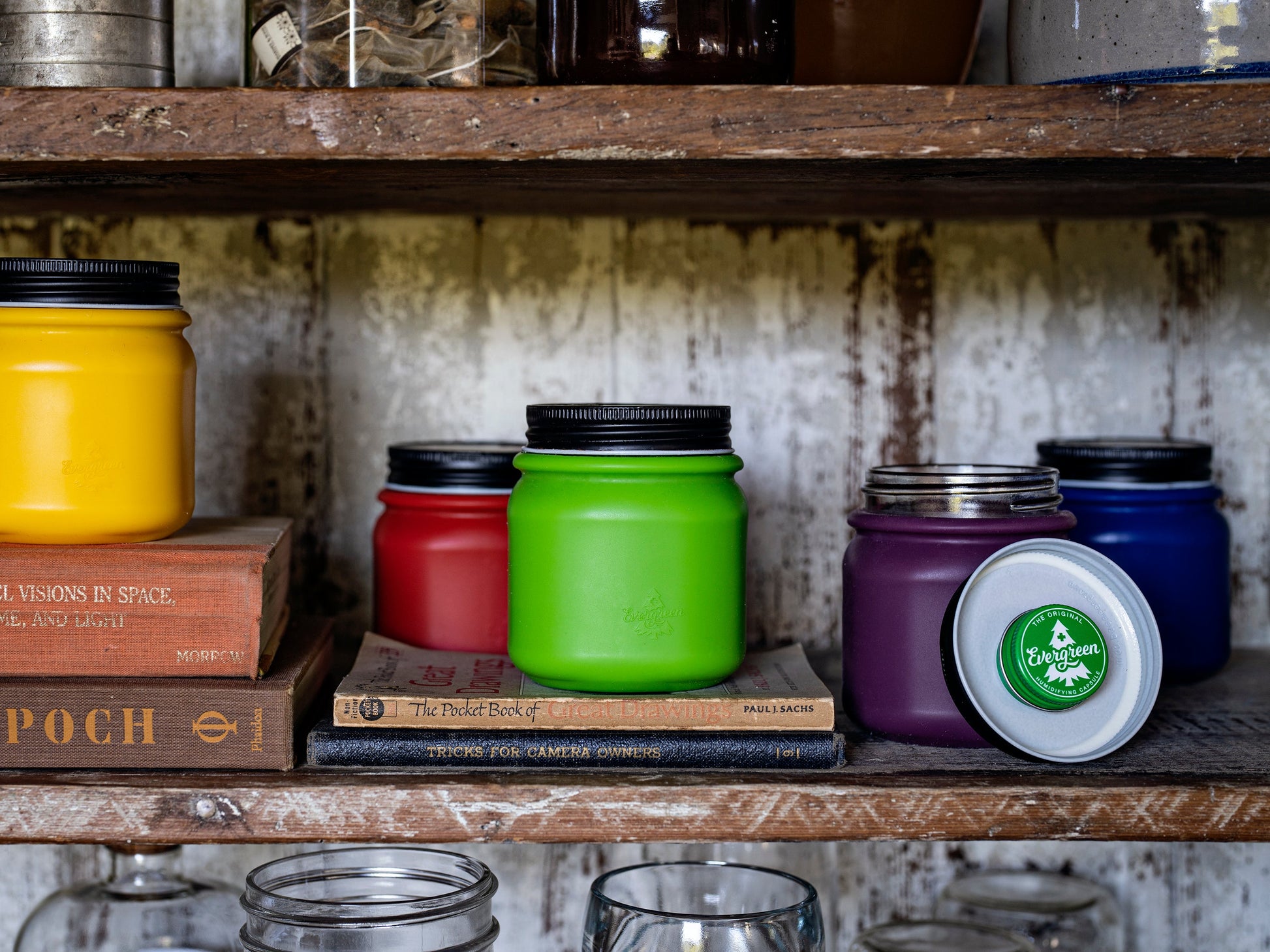 Evergreen Storage Solution jars in five colors on bookshelf