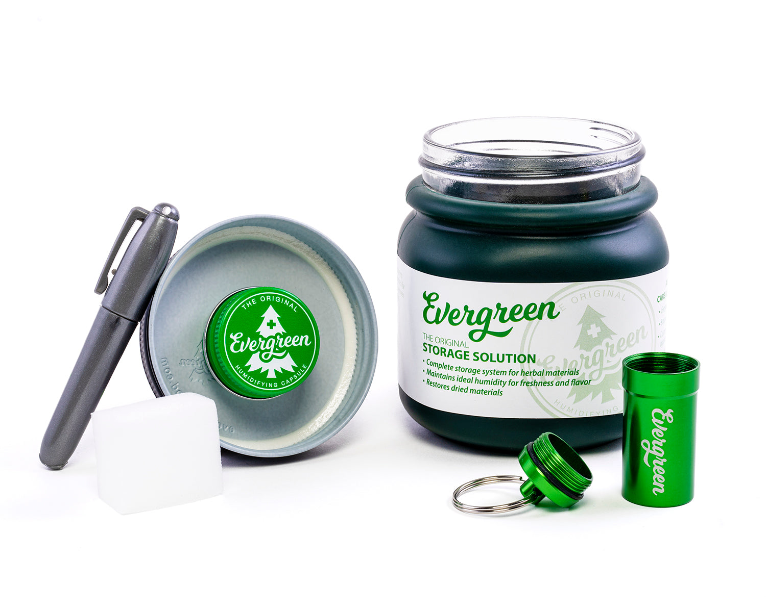 Evergreen Storage Solution open showing contents, dark green