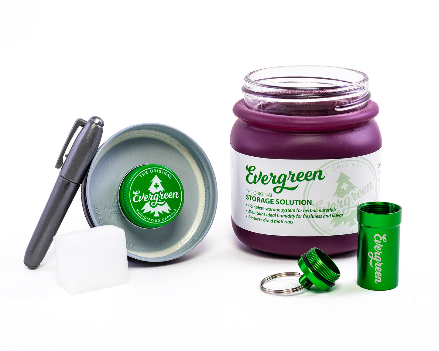 Evergreen Storage Solution open showing contents, purple