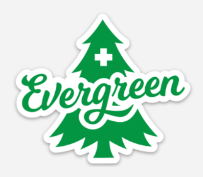Evergreen Pod die cut sticker showing tree logo with script