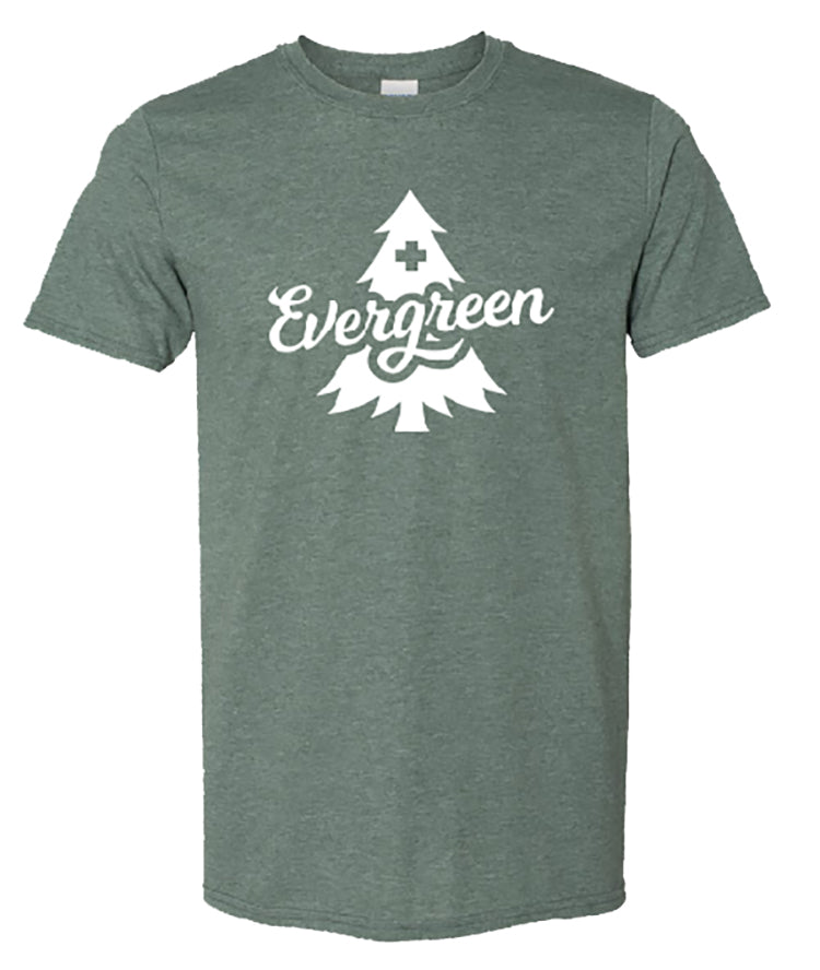 Evergreen Pod t-shirt shown in heather forest green on white background